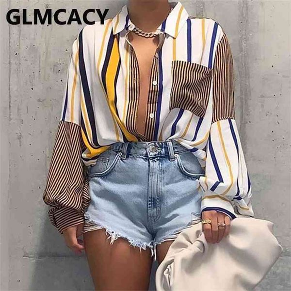 

women long sleeve button shirt striped patchwork chic blouse 210719, White