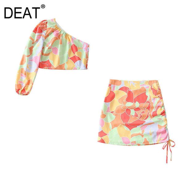 

[deat] summer fashion irregular diagonal collar printing a-line drawstring skirts women two-piece suit 13q433 210527, White