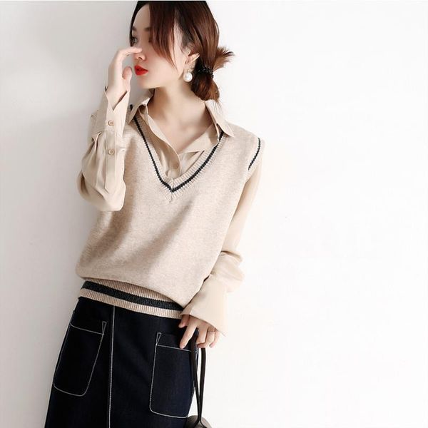 

women's vests casual v-neck vest women spring and autumn color matching short paragraph loose cashmere knitted jacket sleeveless sweate, Black;white