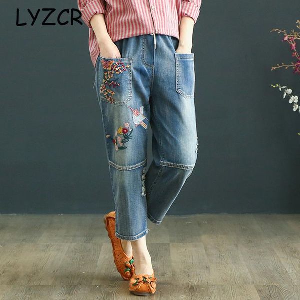 

floral embroidery boyfriend jeans for women plus size 3xl loose harem pants drawstring with embroideried women's, Blue