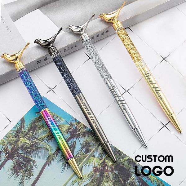 

1pc bird design crystal ballpoint pens customized logo writing tool gold foil gel pen stationery luxury festival gifts lettering, Blue;orange