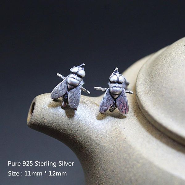 

buyee rock punk stud earring men vivid frog or housefly pure 925 sterling silver unique for women man fashion jewelry, Golden;silver