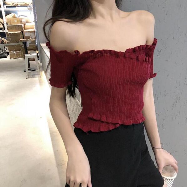 

women's blouses & shirts 2021 summer short sleeve knitted women blouse shirt slim slash neck ladies female and jw9382, White