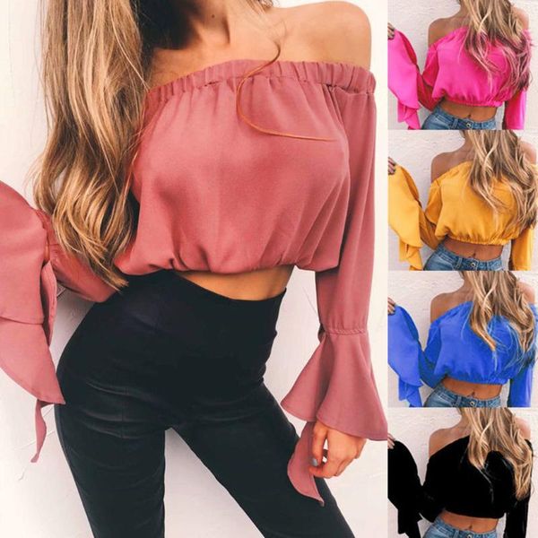 

fashion women blouse flared sleeve ladies shirt casual loose pink/blue women's blouses & shirts, White