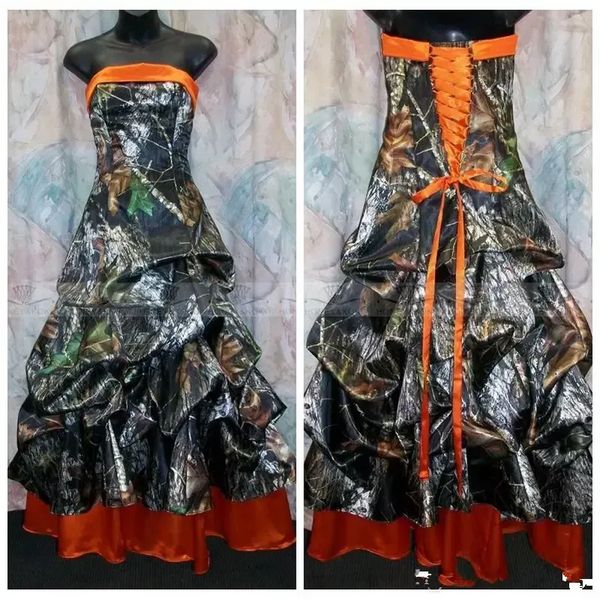 Plus size 2022 barato strapless a linha camo vestidos de casamento laranja lace up back vestidos nupciais personalizado plus tamanho real árvore longa camuflagem pro232