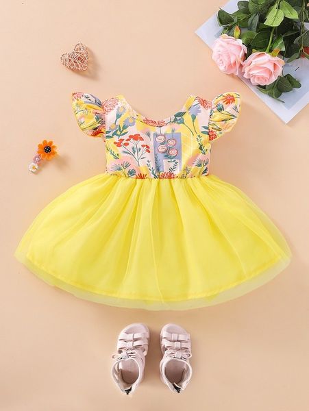 

baby floral print ruffle trim mesh hem dress she02, Red;yellow