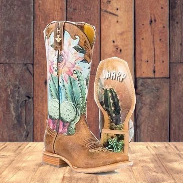 

boots women flower printed long calf chunky heel, Black