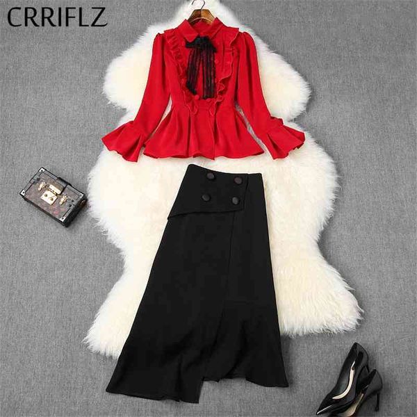 

spring women set ruffles bow turn down collar chiffon shirt black irregular skirt 2 piece female fashion elegant skirts 210520, White