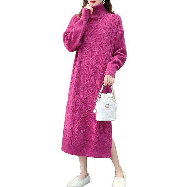 

autumn winter loose high collar fashion knitted women dress 2021 casual solid color thick long vestidos nbh25 dresses, Black;gray