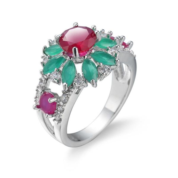 

wedding rings red & green crystal flower leaves finger for women valentine's day gift jewelry 2021 gifts, Slivery;golden