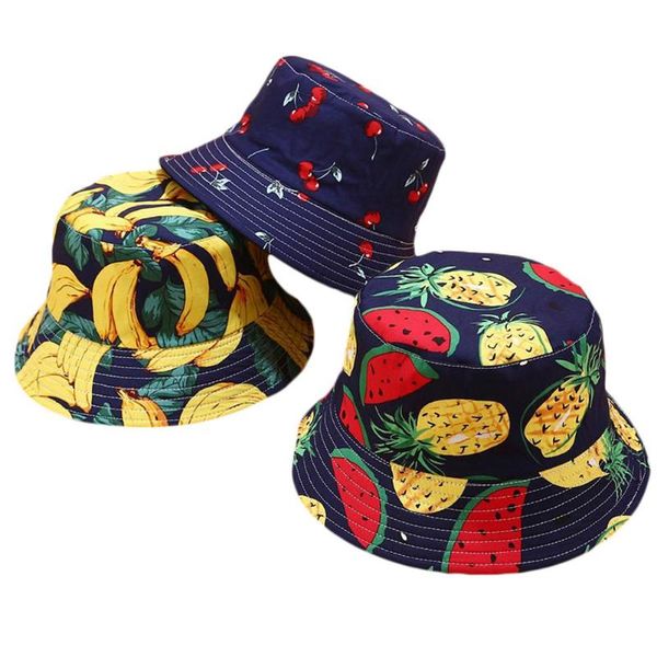 

cloches summer fisherman hat double-sided wearing sun visor europe and america outdoor sports leisure fruit printing, Blue;gray