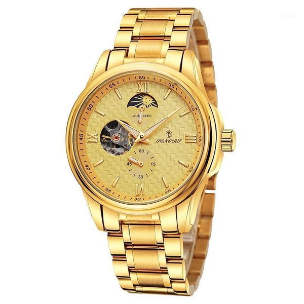 

wristwatches all gold plate watches mechanical automatic watch men tourbillon sport clock casual business moon wrist relojes hombre, Slivery;brown