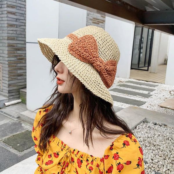 

mori girl straw hat female summer hit color bow knot handmade hollow fisherman holiday beach sunshade bucket wide brim hats, Blue;gray