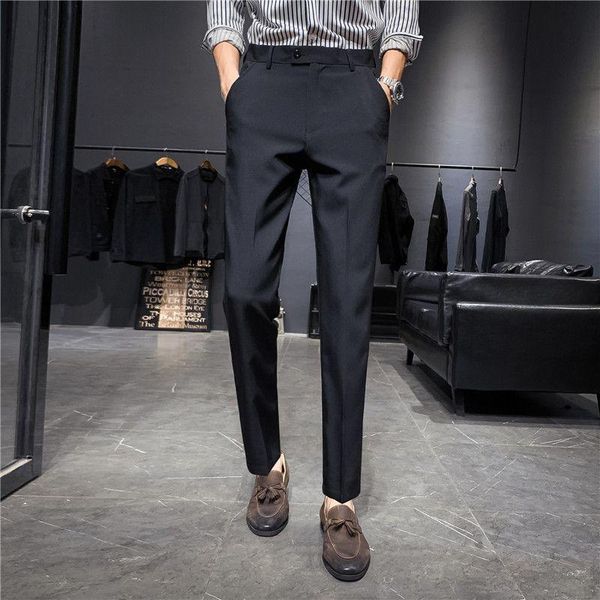 

men's pants fashion business dress pans mens solid color office social wedding suit casual streetwear slim fit man straight trousers, Black