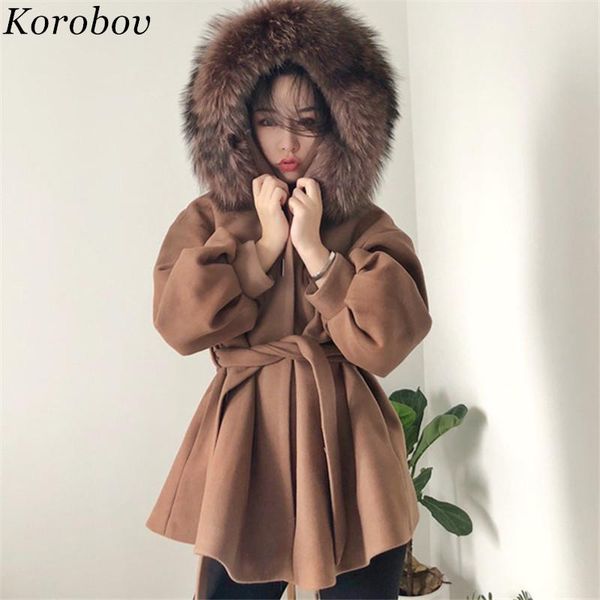 

women's jackets korobov 2021 faux fur patchwork coats sashes slim women korean long sleeve hooded o-nek coat female 76402, Black;brown
