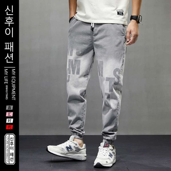 

waist spring summer elastic printed jeans men loose single length denim broek youth male casual vegetable cord jean, Blue