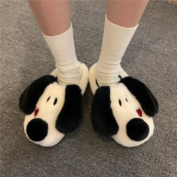 

slippers cartoon dog indoor women men warm plush home floor shoes soft faux fur anti-slip black white lovers house