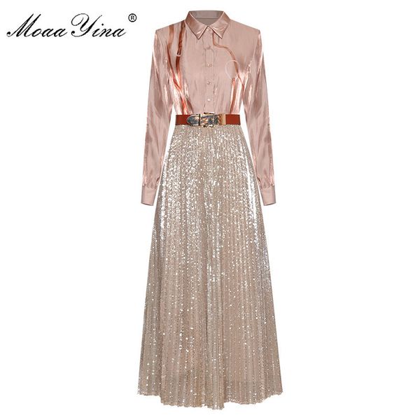 

fashion designer set spring summer women long sleeve print shirt +mesh sequins skirt two-piece suit 210524, White