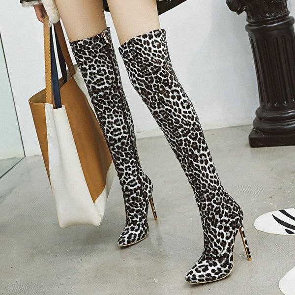 

boots 2021 fashion leopard print over the knee women zipper stretch ladies pointed toe thin high heel winter, Black