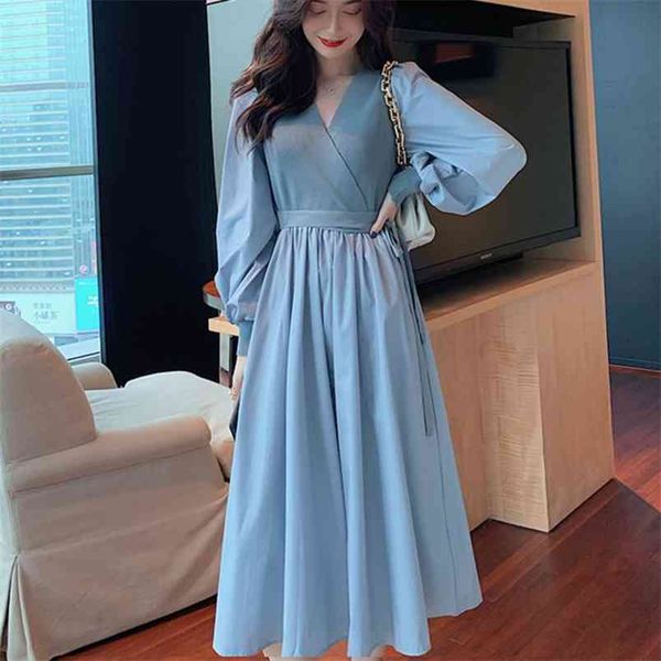 

spring autumn korean v-neck lantern sleeve knitting patchwork casual long dress ladies sweet a-line party dresses robe 210514, Black;gray