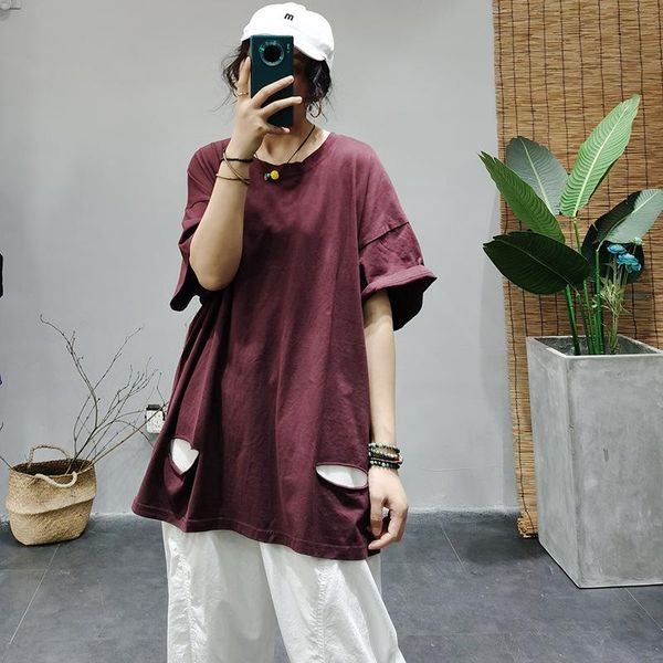 

women's t-shirt large size 2021 women summer retro loose casual pullovers o-neck short sleeve hole, White