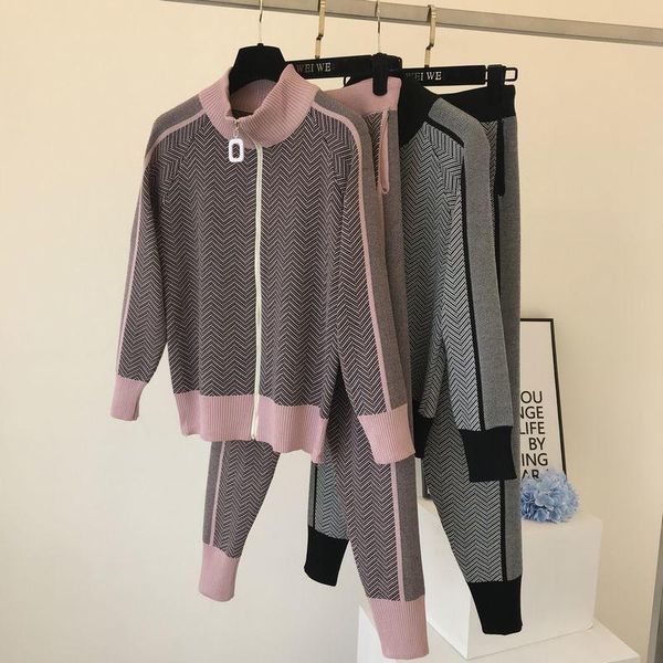 

women's two piece pants tracksuit women winter 2021 fragrance thin zipper pattern knitted leisure sports tweed women's jackets swe, White