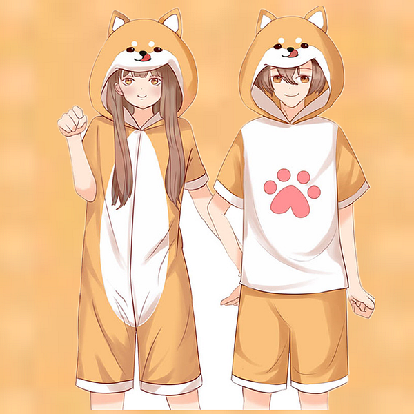 

anime costumes kawaii shiba inu pajamas onesie adults kigurumi corgi hooded sleepwear plus size cute anime short jumpsuit women men cosplay, Black