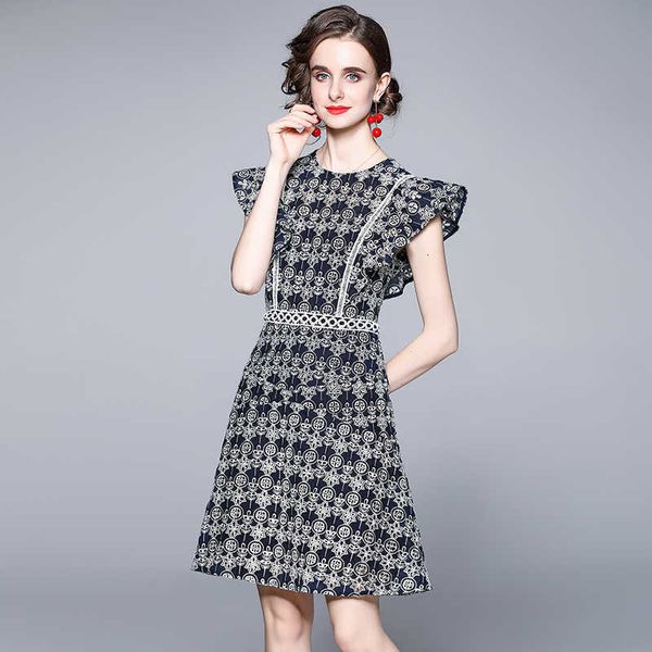 

runway designer summer floral embroidery party dresses ladies vintage o-neck hollow out hook flower dress 210529, Black;gray