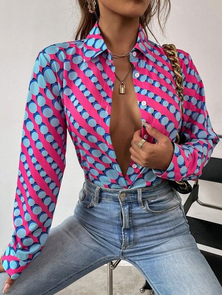 

polka dot print curved hem blouse u4be#, White