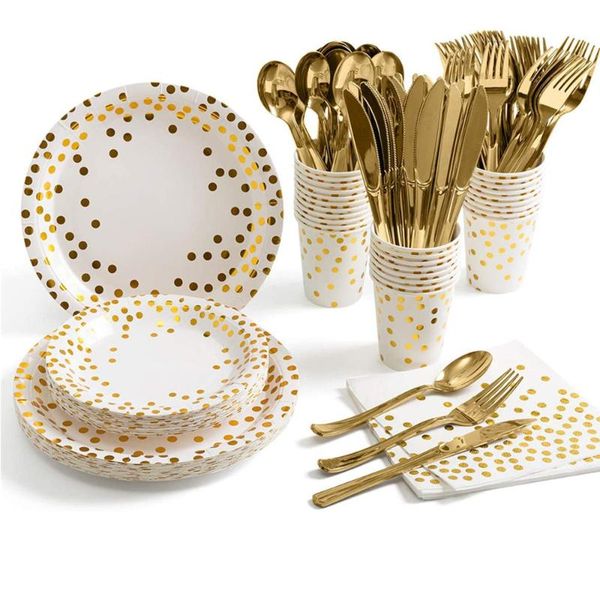 

disposable dinnerware white gold party supplies set plates cups tablecloth wedding birthday baby shower tableware