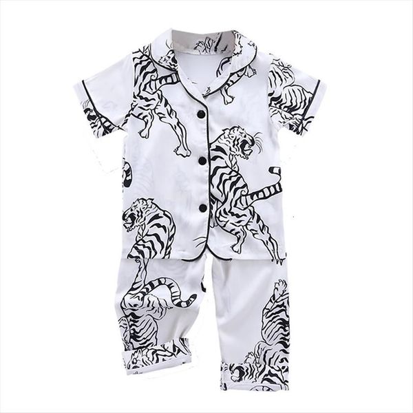 

kids boys pajama sets satin nightwear tiger print short sleeve silk blouse pants homewear sleepwear children pajamas set, White;black