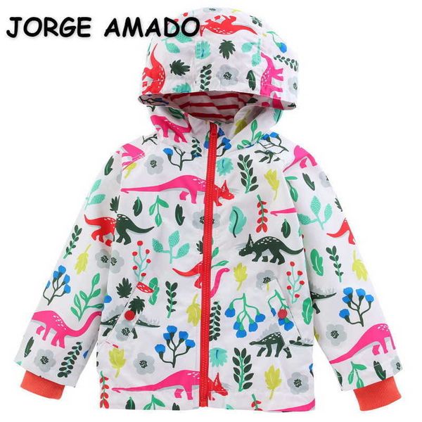 

spring kids girls 2-pcs sets cartoon dinosaur hooded coat zipper jacket + pants windproof and rainproof outfits e223 210610, White