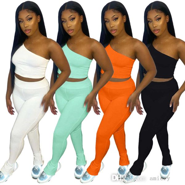 

women sports tracksuits sleeveless oblique shoulder vest and split pants two pieces jogger sets summer and autumn clothing s-xxl, White
