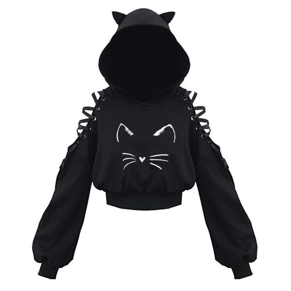 

women's hoodies & sweatshirts gothic women sweatshirt cat ear long sleeve hoodie pullover hooded cute blouse moletom feminino, Black