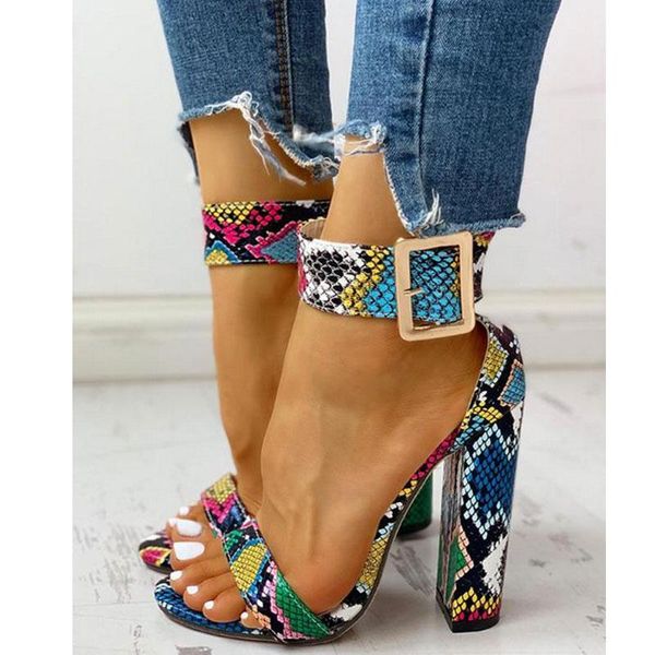 

big size 41 multicolor snake pu leather women ankle strap sandals open toe thick high heels buckle shoes ladies, Black