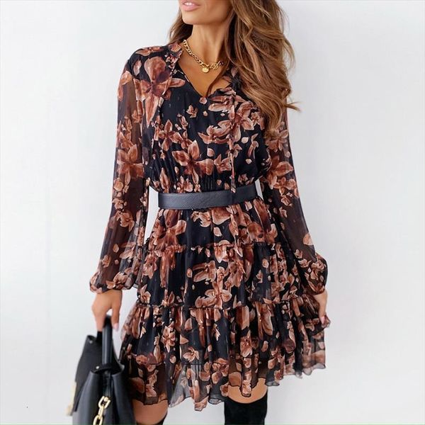 

v neck floral spring flower womens dress print long sleeve lace up ruffle chiffon women elegant a line party vestidos, Black;gray