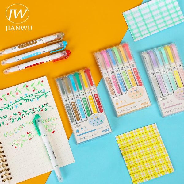 

highlighters jianwu 6 pcs/set colorful double head watercolor pen high capacity marker diary hand account decorate highlighter stationery, Black;red
