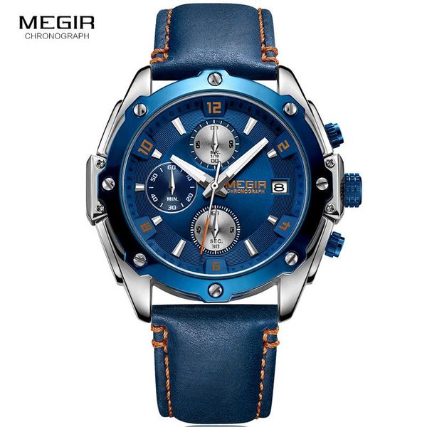 

wristwatches megir chronograph men watch relogio masculino blue leather business quartz clock creative army military wrist watches, Slivery;brown