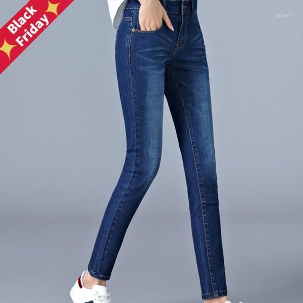 

full length plus size elastic mom skinny pencil female denim pants 5xl 6xl women's jeans, Blue