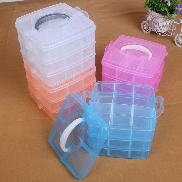

jewelry pouches, bags 3 layers 18 grids transparent plastic storage box compartment adjustable container for rectangle case, Pink;blue
