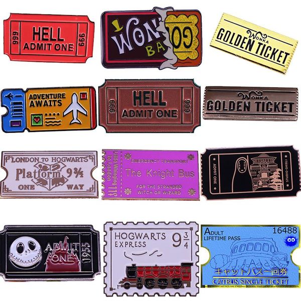 

pins, brooches express railway ticket enamel pin golden to te hell badge adventure await brooch accessory, Gray