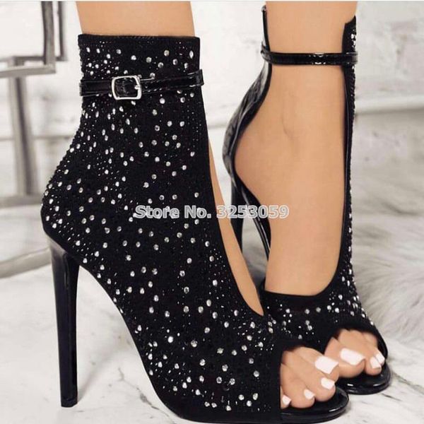 

boots almudena black open toe bling silver crystal ankle cut-out buckle strap stiletto heels wedding banquet shoes