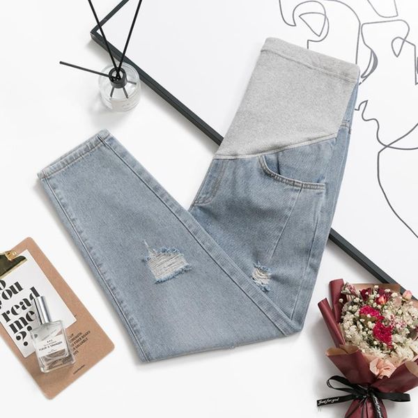 

maternity denim cropped pants spring and autumn fashion loose ripped hole pregnant women's stomach lift bottoms, White