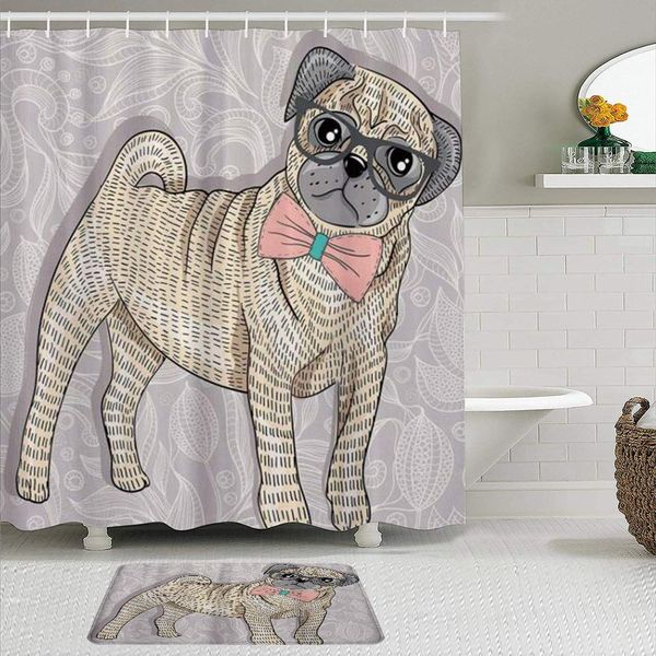 

fabric shower curtain and mats set,hipster pug with nerdy glasses and bow tie cartoon funny,waterproof bath curtains with 12