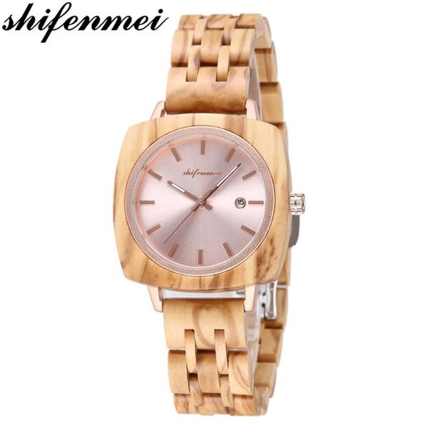 

wristwatches shifenmei wood women watch military sport women's quartz clock watches wooden wristwatch male date, Slivery;brown
