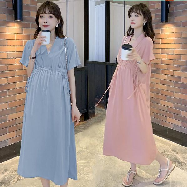 

maternity dresses 741# summer korean fashion long dress v neck drawstring slim waist loose clothes for pregnant women chic ins pregnancy, White