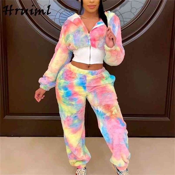 

women tracksuit 2 piece set winter tie dye casual lounge wear clothes hooded zipper crop sets fashion conjuntos de mujer 210513, White