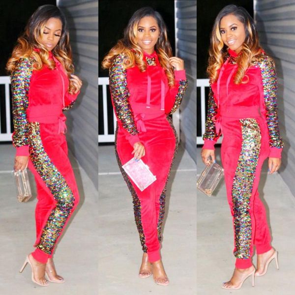 

two piece dress autumn winter outfits velvet set women sweatsuit sequin hoodie +pant sweat suit matching velour tracksuit, White