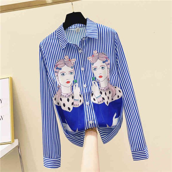 

blouses blue vertical striped vintage printed women's spring long-sleeve shirt ladies blouse blusas mujer de moda, White