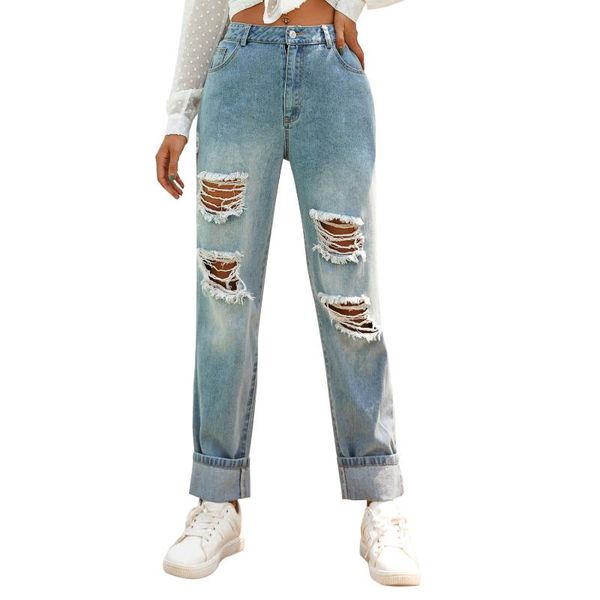 

women's jeans ripped hole spring women retro loose washed high waist female fashion pockets zipper straight distressed, Blue